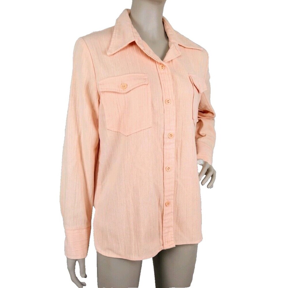 Vintage 70s Fritzi Peach Linen Button Down Crinkle Dagger Collar Blouse
